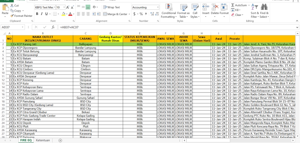 Jasa input data excel, input data online, jasa data entry, jasa pengumpulan data, data entry freelance, entri data online, menyertakan nama outlet, lokasi, cabang, status kepemilikan dan awal sewa.
