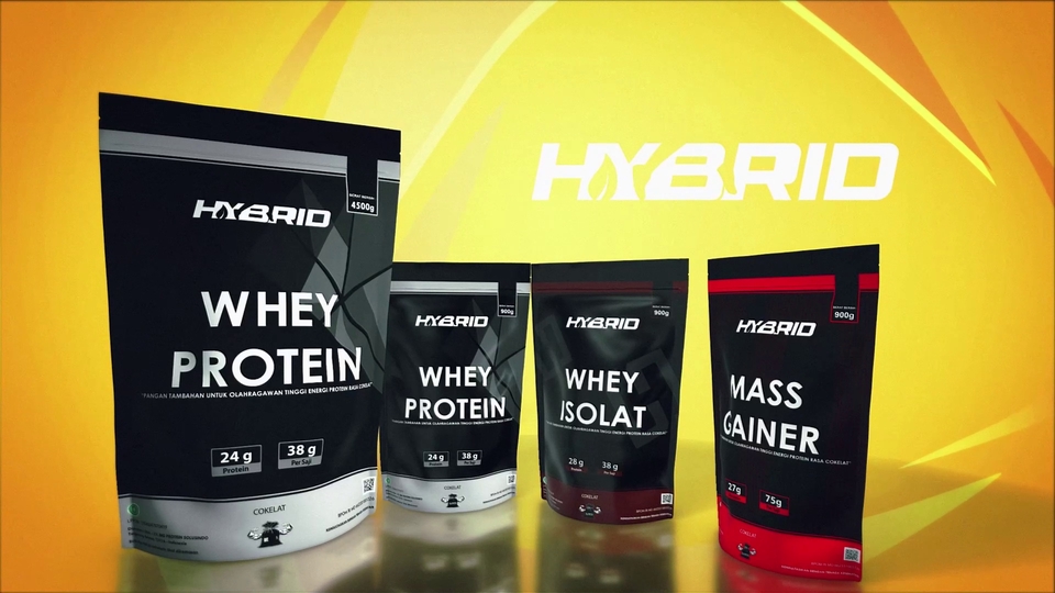 Jasa pembuatan video animasi 3d untuk produk protein HYBRID, Whey Protein, Whey Isolat, dan Mass Gainer.