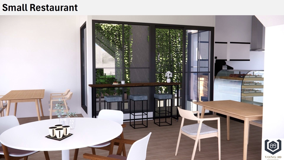 ร้านอาหารขนาดเล็ก ตกแต่งอย่างสวยงาม มีโต๊ะ เก้าอี้ และมีหน้าต่างกระจกมองเห็นวิวภายนอก เหมาะสำหรับใช้เป็นภาพประกอบเว็บไซต์ บริการออกแบบและเขียนแบบอาคาร รับเขียนแบบบ้าน รับออกแบบบ้าน รับเขียนแบบอาคารพาณิชย์ รับเขียนแบบโครงสร้าง