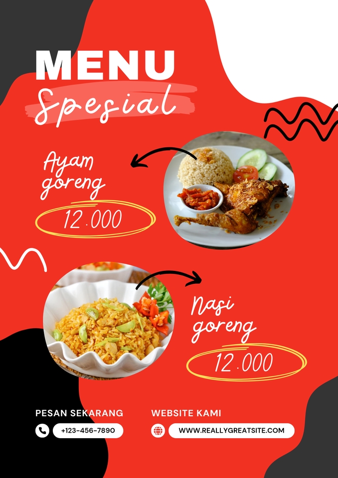 Menu spesial ayam goreng dan nasi goreng dengan harga terjangkau untuk desain spanduk restoran.