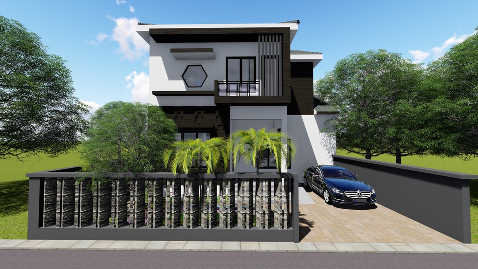 Jasa desain eksterior 3d rumah minimalis modern dengan pagar kayu dan taman hijau