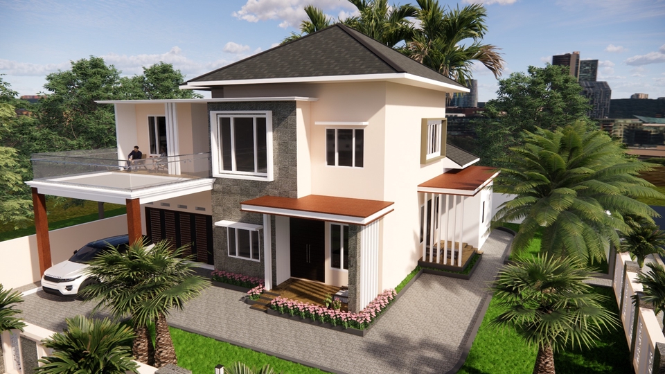 Jasa desain 3D eksterior rumah minimalis modern dengan kolam renang dan taman