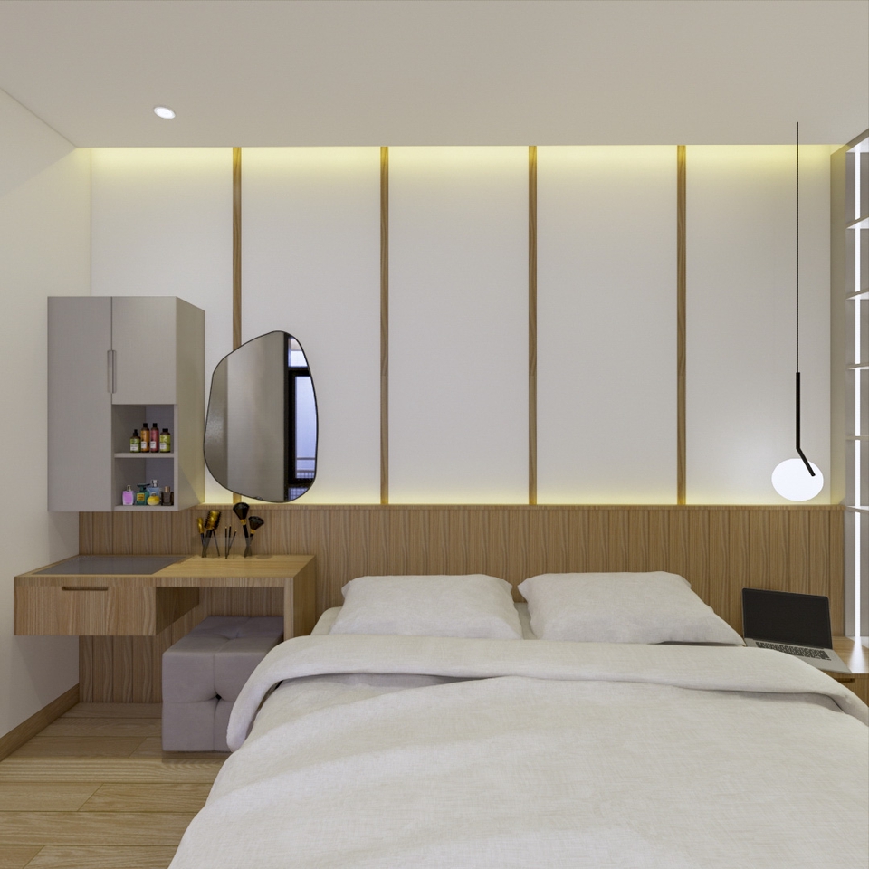 Jasa desain interior rumah minimalis modern dengan kamar tidur dan kamar mandi.