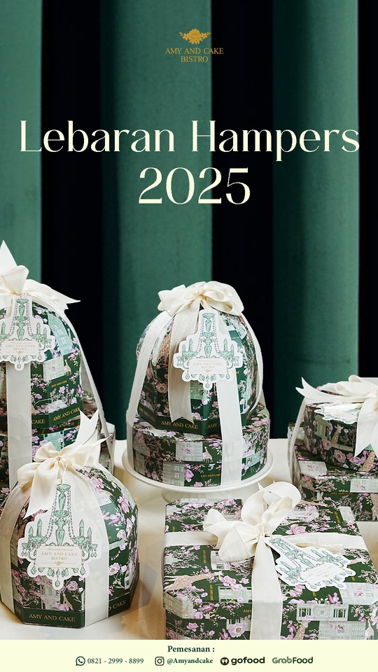 Desain hampers Lebaran 2025 unik Amy and Cake Bistro, paket hampers mewah, desain kemasan makanan Lebaran