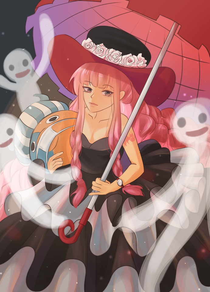 Ilustrasi digital seorang wanita dengan rambut merah muda dan gaun hitam memegang payung merah, dihiasi dengan bunga putih.