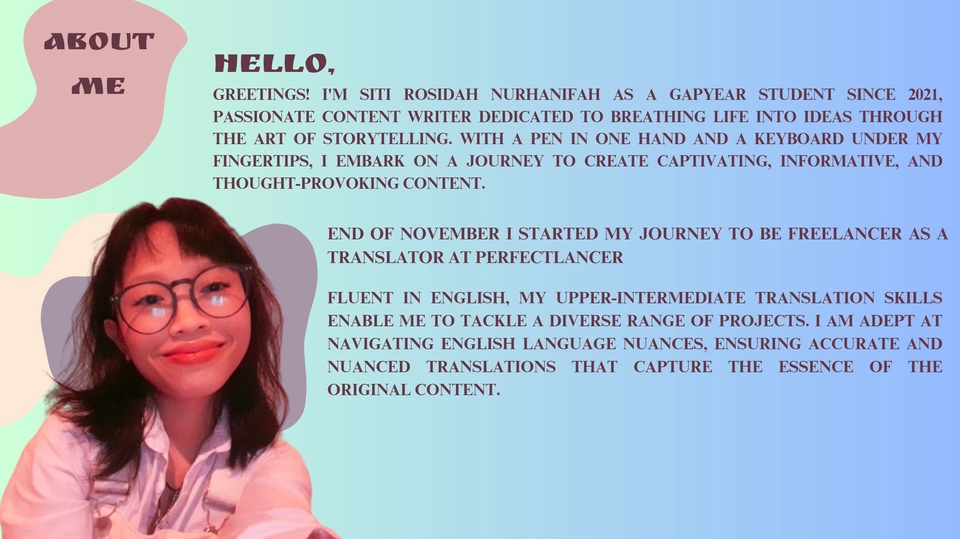 Penerjemah Bahasa Inggris profesional dan berpengalaman, menawarkan jasa penerjemahan dokumen, artikel, dan website.