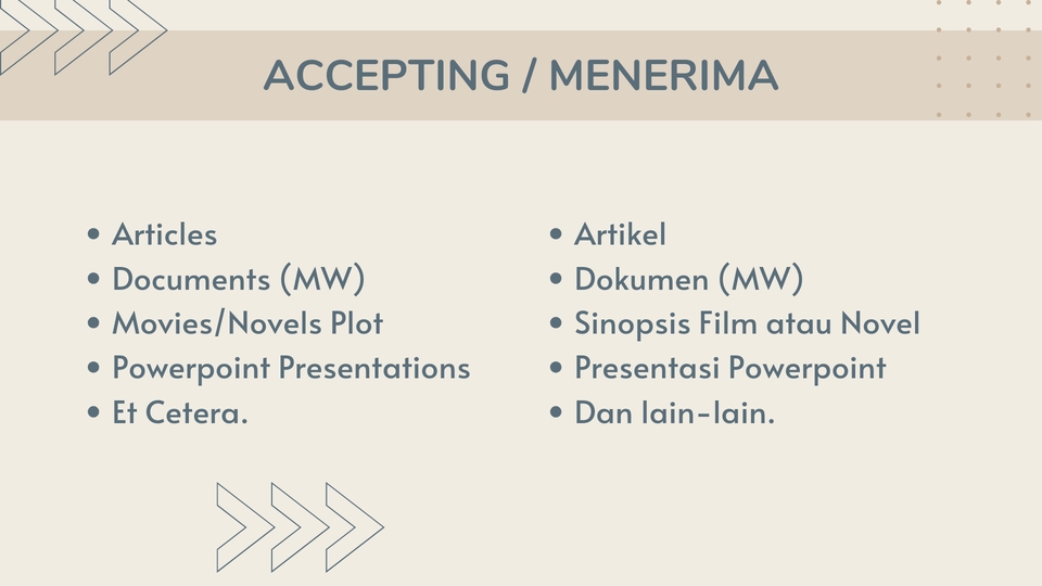 Jasa penerjemah dokumen, artikel, presentasi, skripsi dan lainnya. Penerjemahan Bahasa Indonesia, Inggris, Mandarin, Korea, Jepang, Arab, Prancis, Rusia, dan lainnya.