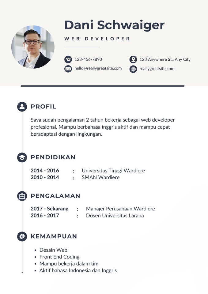 Desain portofolio web developer Dani Schwaiger, desain cv menarik dengan pengalaman kerja di perusahaan dan universitas, lengkap dengan kemampuan desain web dan front end coding.