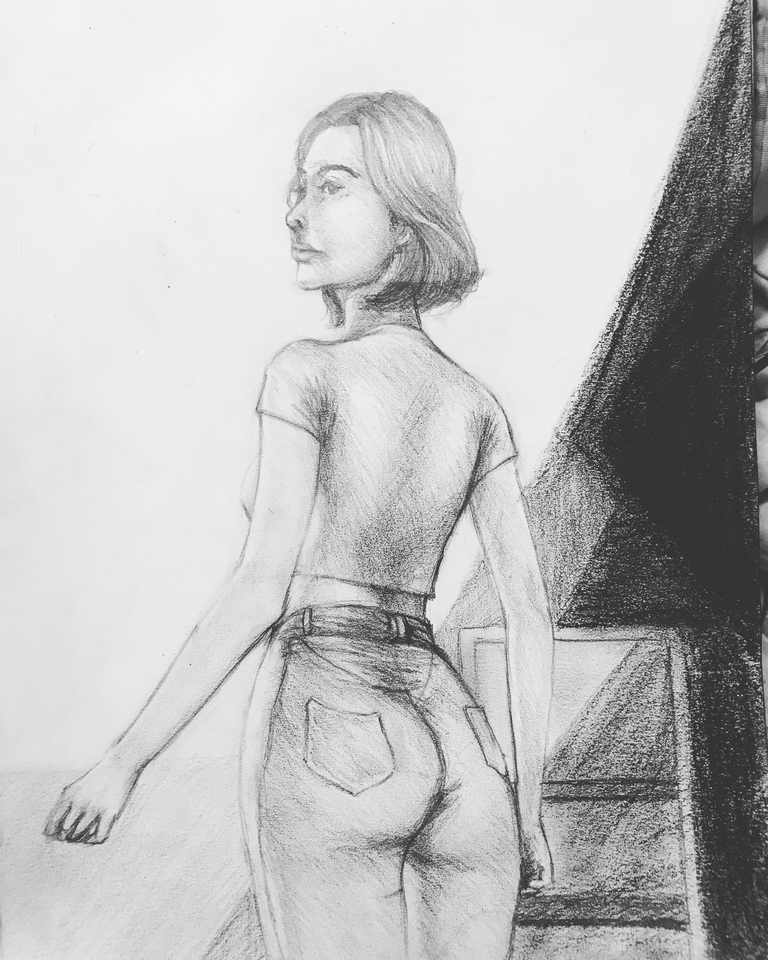 รับวาดภาพเหมือน ผู้หญิงผมสั้นในชุดเสื้อยืดและกางเกงยีนส์ ยืนหันหลังมองไปข้างหน้า