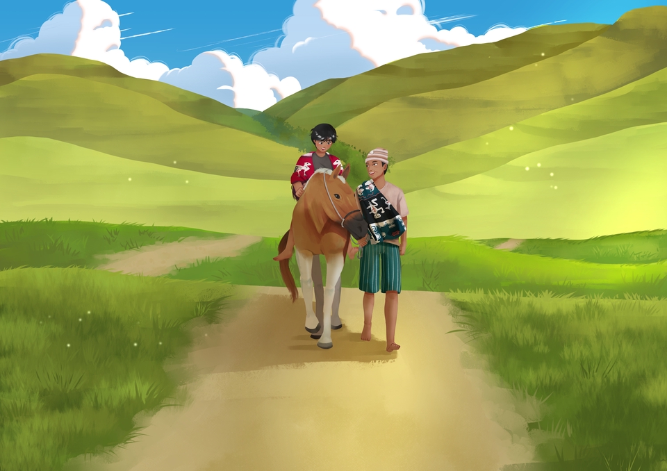 Ilustrasi kartun dua pria di pedesaan dengan latar belakang bukit hijau.