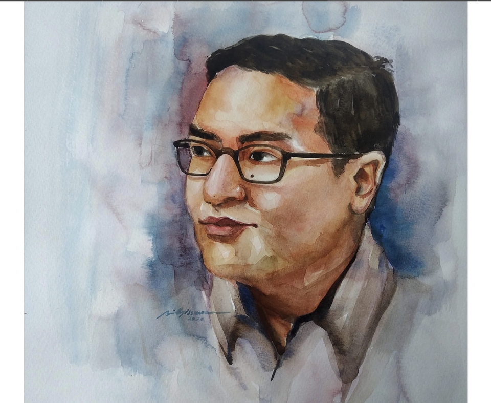 Ilustrasi digital seorang pria dengan kacamata dan baju putih.