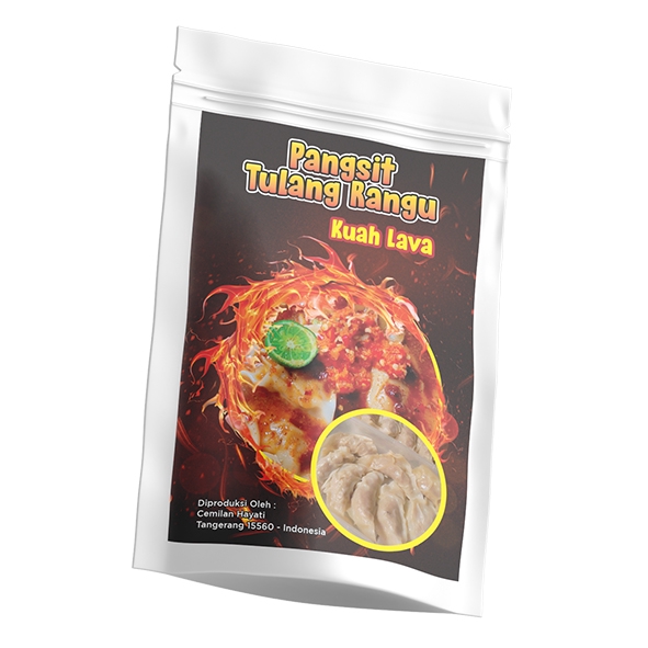 Desain kemasan makanan unik Pangsit Tulang Rangu Kuah Lava. Jasa desain kemasan produk makanan, desain label makanan, desain stiker makanan.
