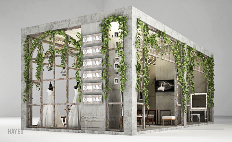 Desain stand pameran minimalis dengan interior cafe modern, cocok untuk kebutuhan pameran produk atau branding.