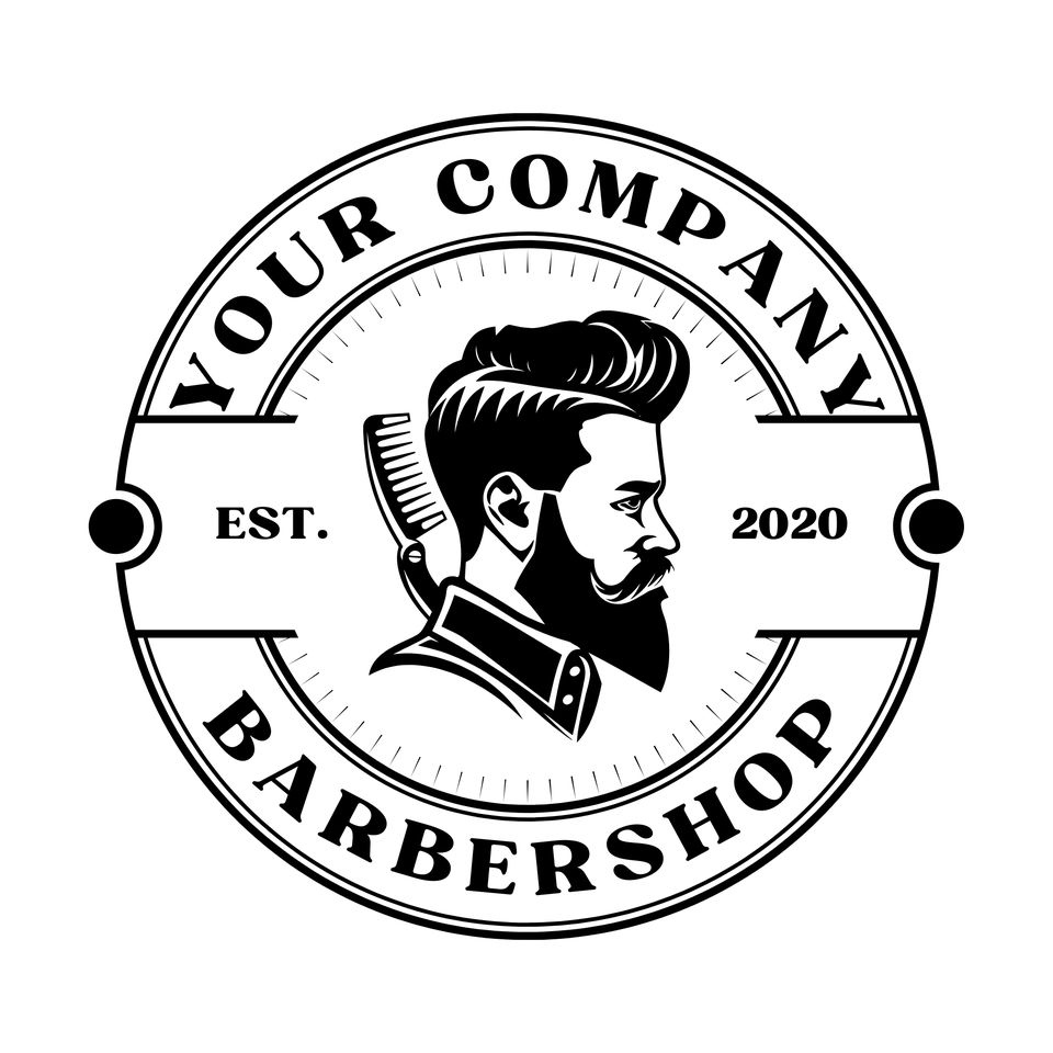Logo barbershop dengan gambar seorang pria berjanggut dan alat cukur