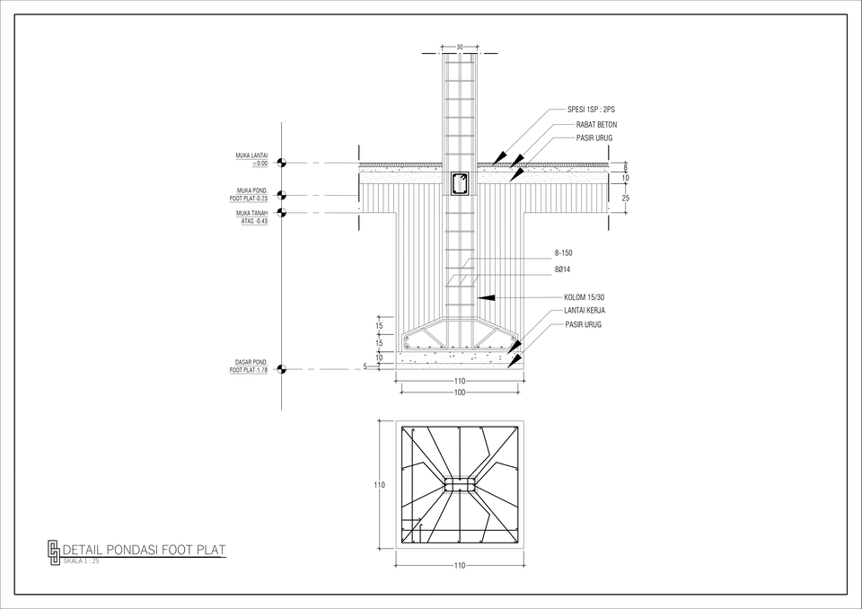 Jasa drafter autocad murah detail pondasi foot plat bangunan rumah