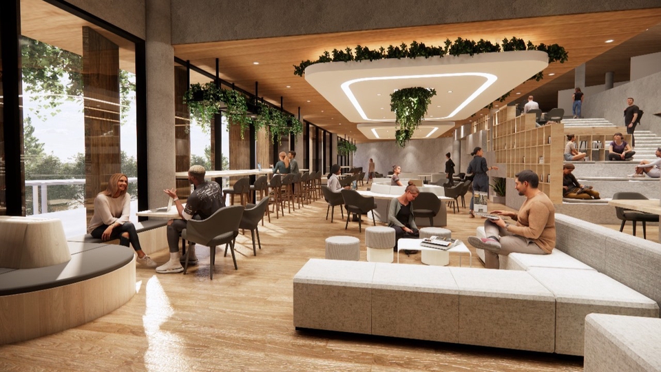 Jasa desain interior cafe minimalis modern dengan desain interior ruangan yang nyaman dan estetik.