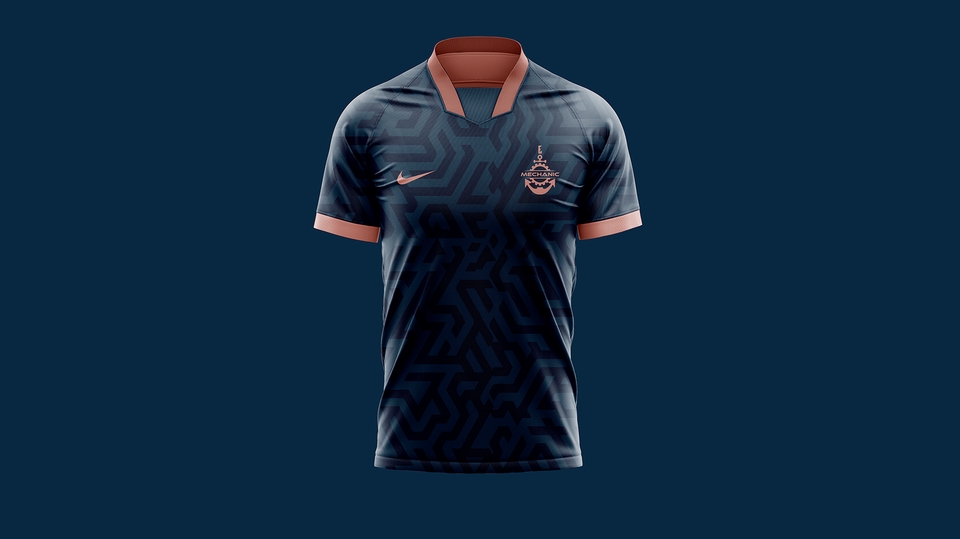 Desain kaos sepak bola dengan corak abstrak dan logo berwarna emas, desain kaos custom, desain jersey bola, desain kaos sepak bola