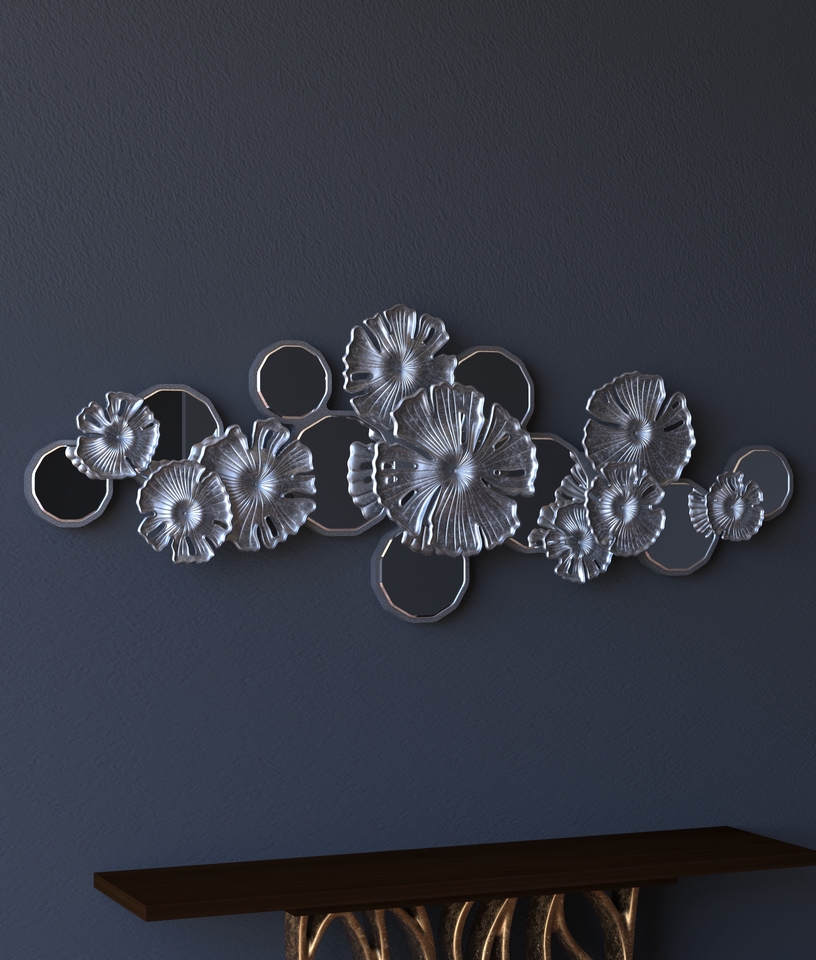 Desain interior ruangan dengan dekorasi cermin unik bergaya minimalis modern, cocok untuk ruang tamu, ruang makan, atau kamar tidur.