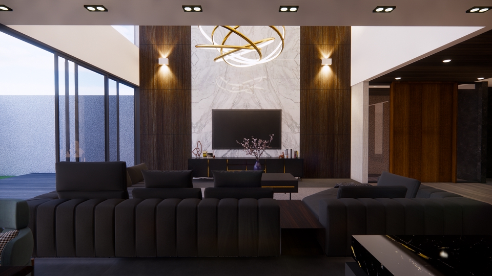 Jasa desain interior rumah minimalis modern dengan sofa dan televisi di ruang tamu