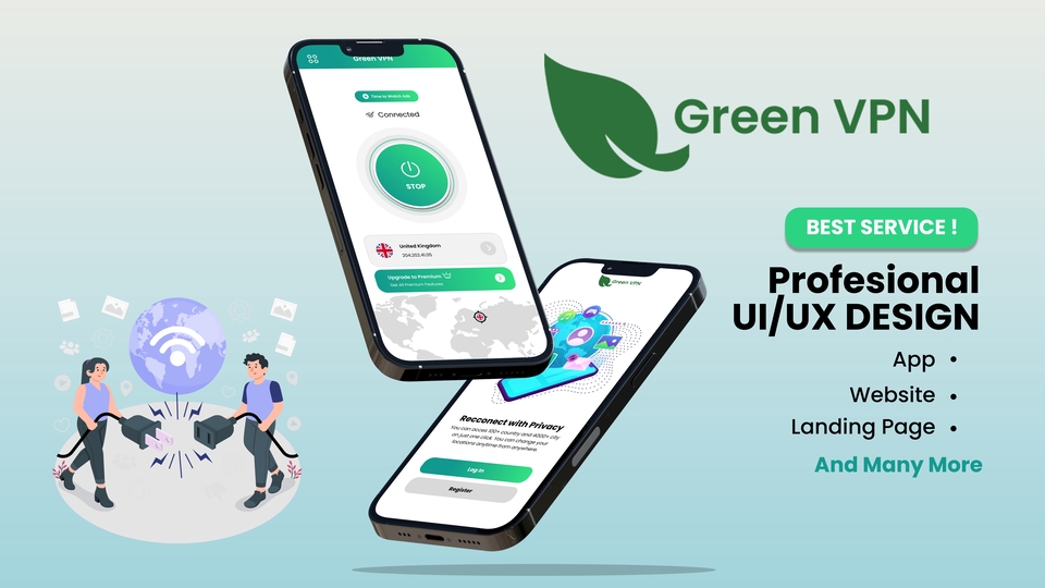 Desain UI UX untuk Aplikasi Mobile Green VPN dengan tampilan modern dan intuitif.