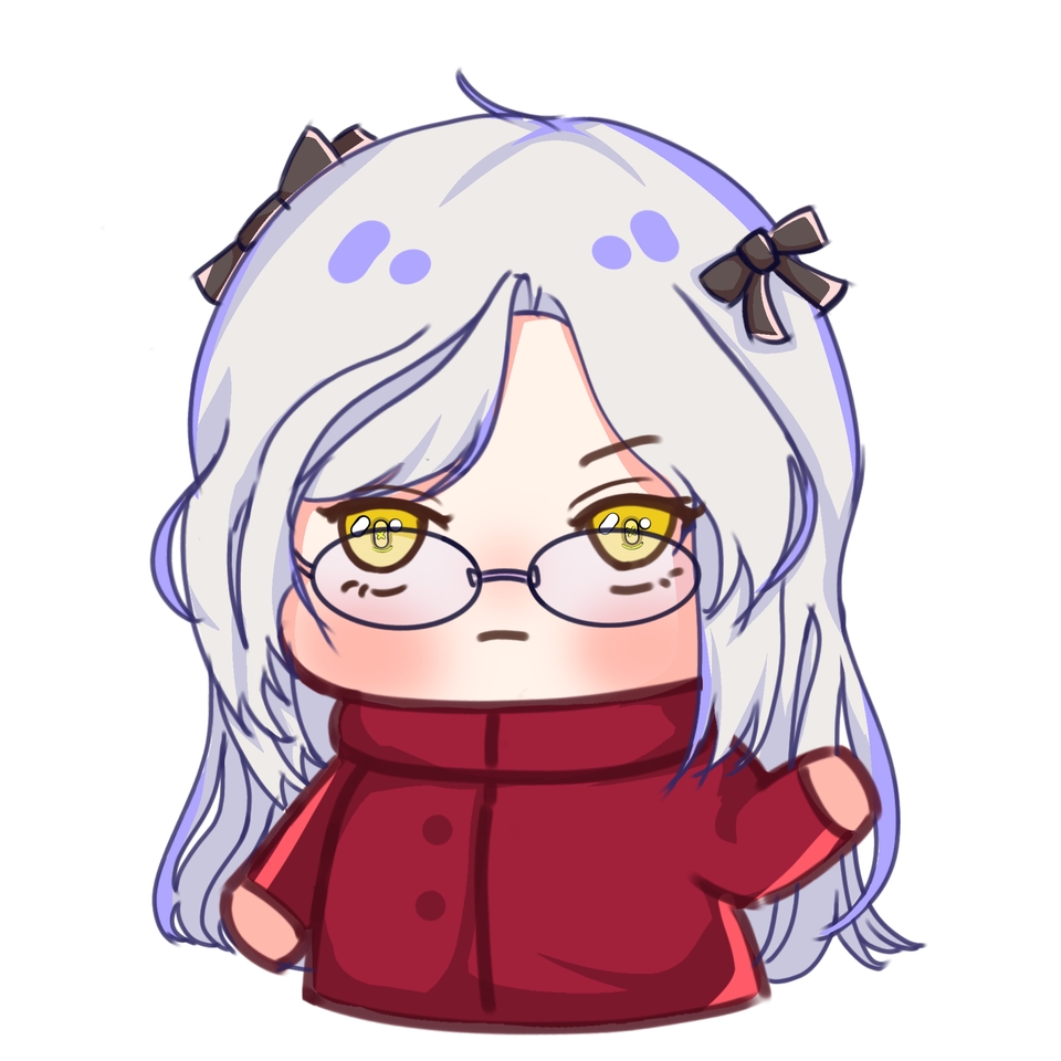 Jasa ilustrasi kartun wanita berambut putih dengan kacamata dan jaket merah.