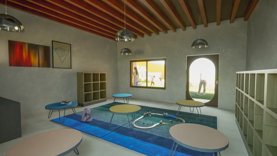 Jasa Desain Interior Taman Bermain Anak 3D: Render model 3D ruang bermain anak minimalis modern. Desain interior ruang bermain anak, jasa gambar 3D.