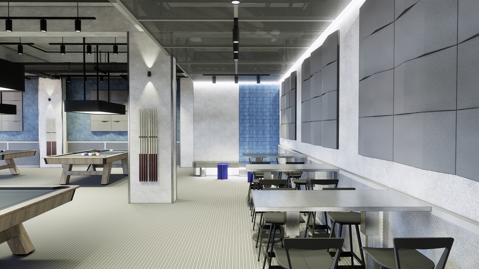 Jasa desain interior cafe minimalis dan modern dengan meja biliar, cocok untuk desain interior cafe di Indonesia.