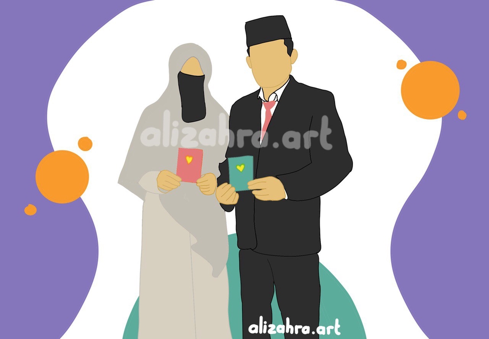 Ilustrasi pasangan muslim dengan hijab sedang memegang amplop sebagai simbol hadiah atau uang. jasa ilustrasi gambar kartu ucapan desain ilustrasi muslim desain ilustrasi pernikahan.