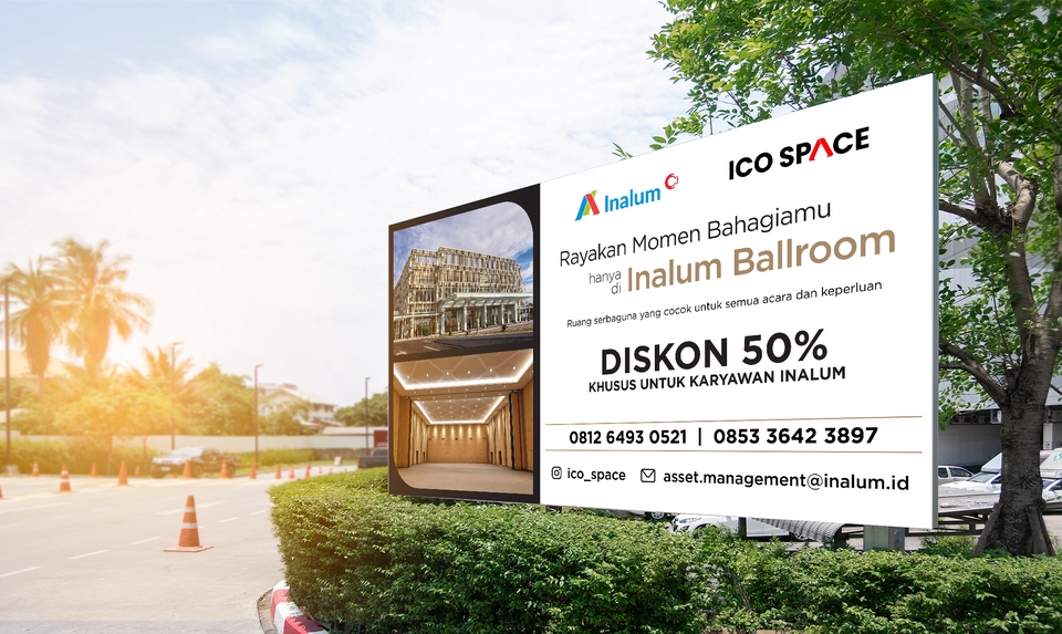 Spanduk promosi diskon 50% untuk karyawan Inalum Ballroom, layanan desain spanduk online, desain spanduk kreatif.