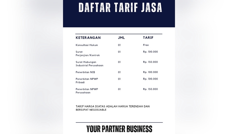 Daftar Tarif Jasa Konsultan Hukum, Legal Freelance, Jasa Notaris, Jasa Pengacara, Jasa Review Kontrak, Drafting Kontrak, Membuat Legal Opinion, dan Layanan Pendapat Hukum.