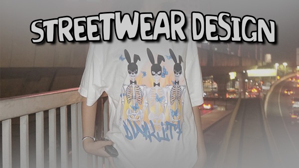 Desain kaos streetwear dengan gambar kelinci yang unik, cocok untuk desain kaos distro atau baju sehari-hari.