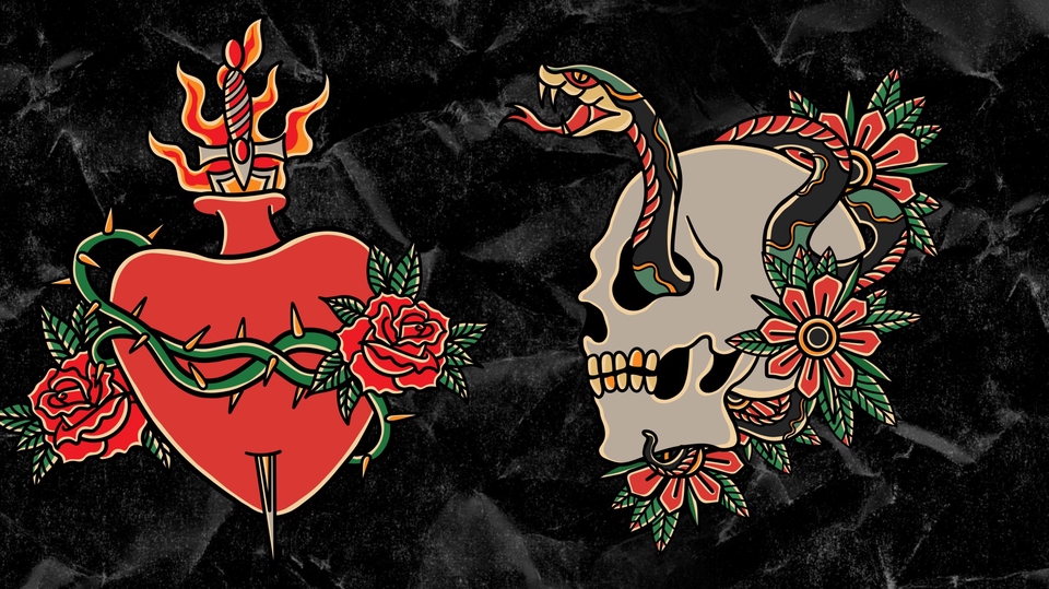 Desain kaos custom dengan motif jantung berduri dan tengkorak ular, jasa desain kaos distro di Indonesia.