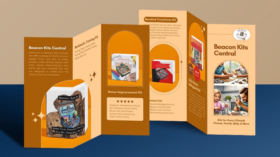 Brosur desain produk untuk berbagai kebutuhan seperti keluarga, anak-anak, dan lainnya.