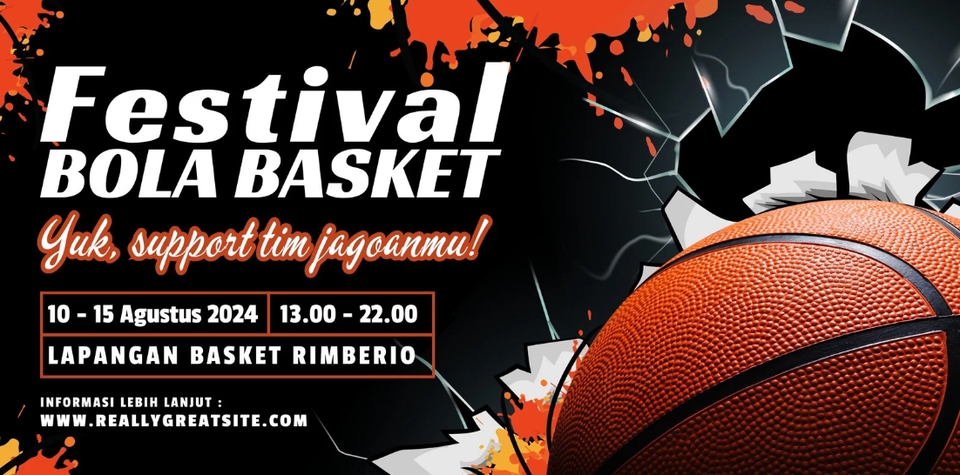 Jasa desain banner instagram untuk promosi festival bola basket dengan desain keren dan unik, lengkap dengan tanggal, waktu, dan lokasi acara.