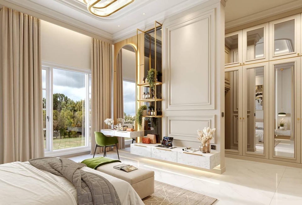 Desain lemari pakaian minimalis dengan rak dinding dan meja kerja, desain interior ruang tidur.