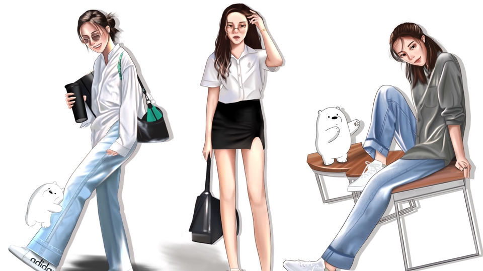 ภาพประกอบ ผู้หญิง 3 คน สไตล์น่ารัก สวมเสื้อผ้าแฟชั่น