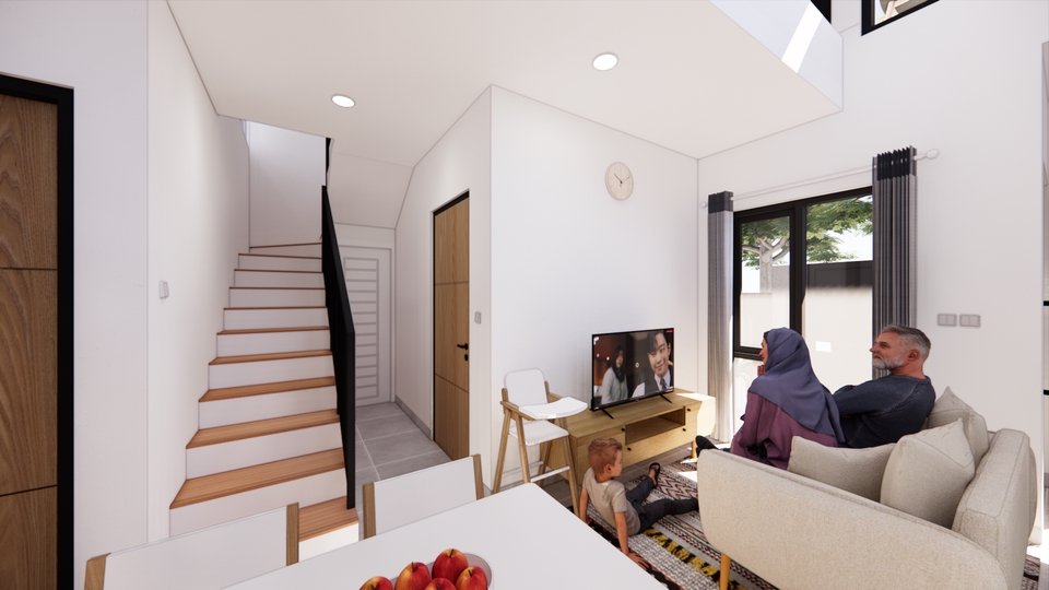 Jasa desain interior rumah minimalis modern dengan tangga dan ruang keluarga.