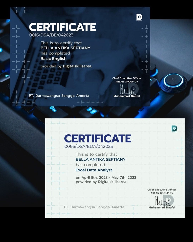 Jasa pengetikan online, sertifikat kelulusan, Bella Antika Septiany, Excel Data Analyst, Digitalskillsarea