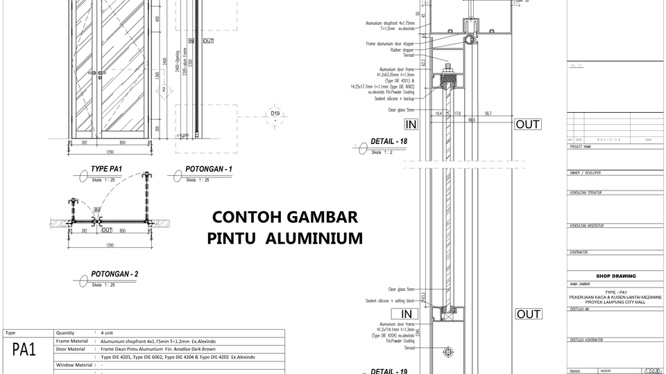CAD Drawing - Gambar Kerja 2D Kusen Aluminium dan Kaca, Kaca Frameless & Pintu Automatic - 1