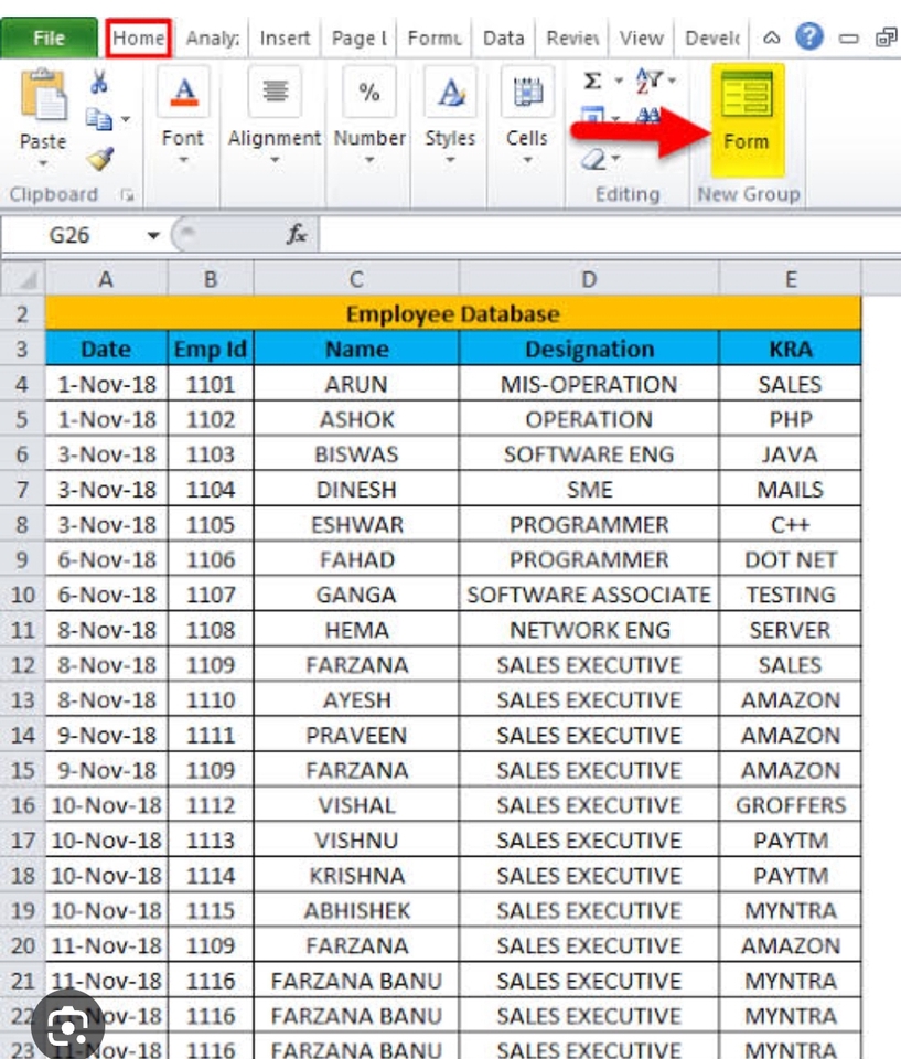 Jasa input data excel untuk data karyawan dengan kolom tanggal, id karyawan, nama, jabatan dan jenis KRA.