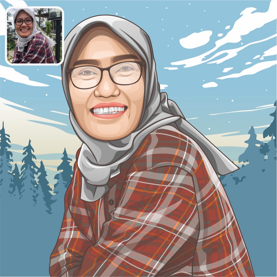 Ilustrasi wanita berhijab dengan latar belakang alam, gambar ilustrasi kartun wanita cantik, jasa pembuatan ilustrasi, jasa desain ilustrasi kartun, jasa gambar ilustrasi digital, jasa desain ilustrasi