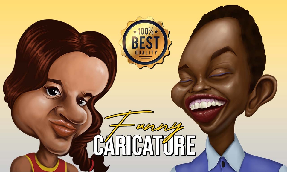 Jasa ilustrasi gambar kartun lucu dengan karakter wanita dan pria dengan warna kulit gelap.