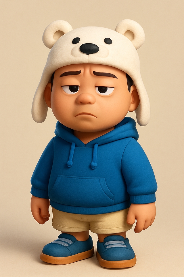 รับผลิต art toy ตัวการ์ตูนน่ารัก ใส่เสื้อกันหนาวสีฟ้า สวมหมวก