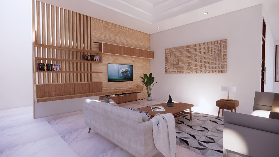 Jasa desain interior dan arsitektur rumah minimalis modern dengan ruang tamu dan kitchen set yang nyaman