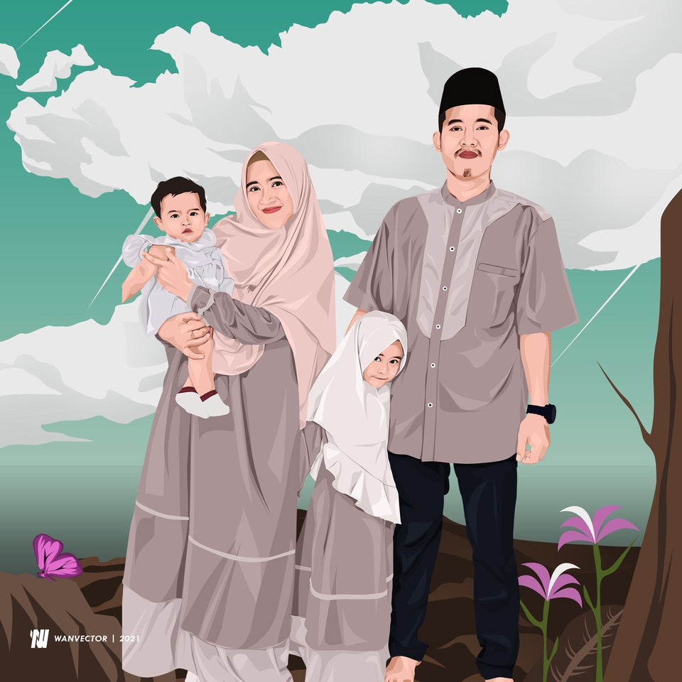 Jasa desain vektor wajah keluarga dengan background alam. ilustrasi karikatur keluarga, karikatur freelance