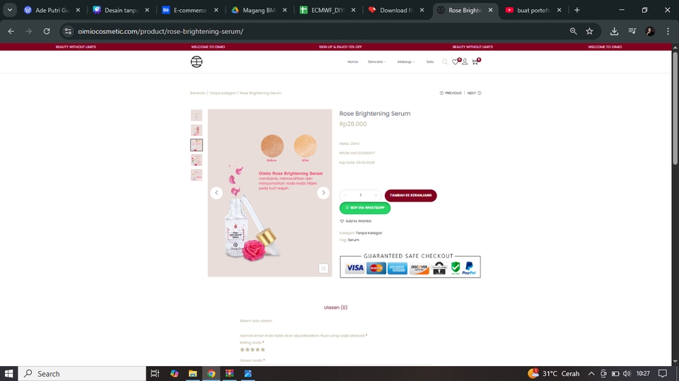 Jasa pembuatan website ecommerce profesional menampilkan produk serum pemutih wajah Rose Brightening Serum.