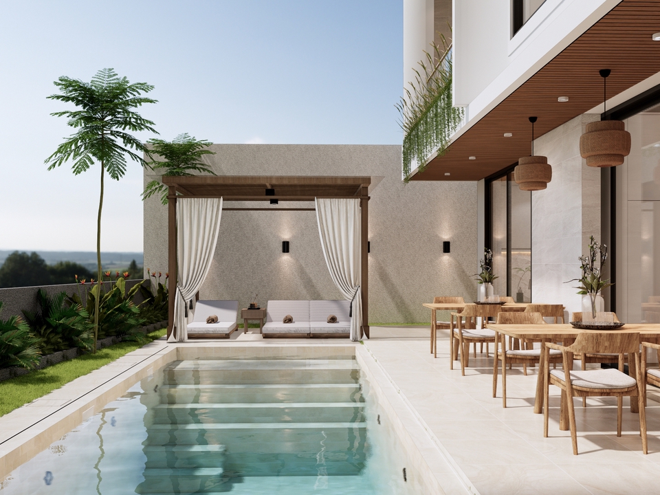 Desain furnitur minimalis untuk ruang tamu modern dengan kolam renang