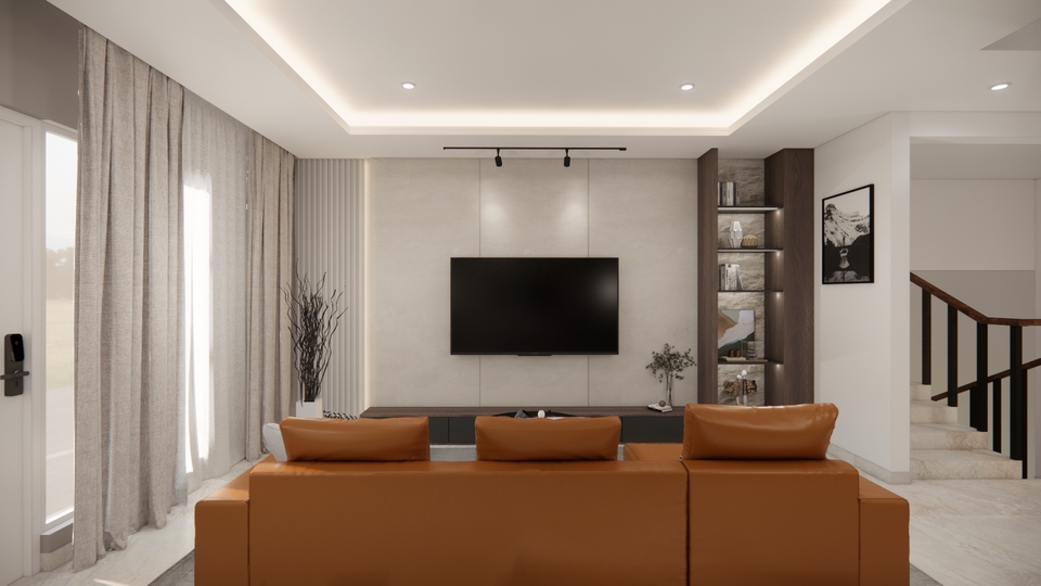 Jasa desain interior rumah minimalis modern dengan desain ruang tamu dan dapur yang nyaman.