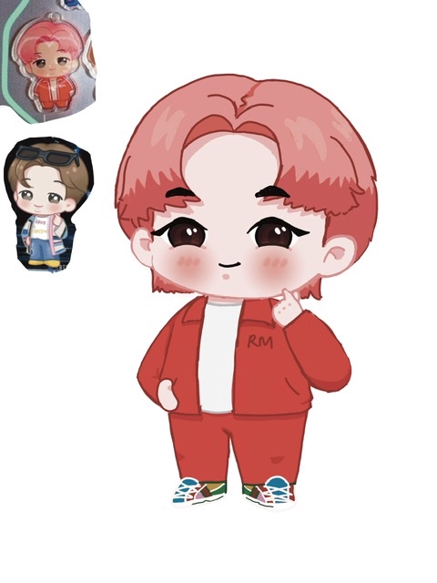 Desain karakter kartun imut pria berambut pink dengan pakaian merah