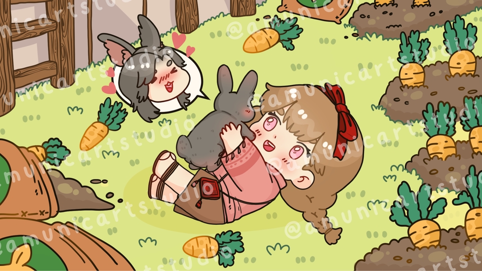 รับวาดรูป วาดภาพประกอบนิทาน น่ารักสดใส เด็กผู้หญิงอุ้มน้องกระต่ายในสวนผัก น่ารักอบอุ่น รับวาดภาพประกอบ วาดภาพประกอบการ์ตูน วาดรูปดิจิตอลเพ้นท์ งานวาดภาพน่ารักๆ รับวาดภาพสินค้า
